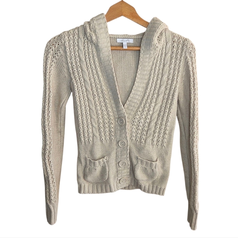 Y2K Delia's Beige Cable Knit Cardigan Hooded Sweater Size XS